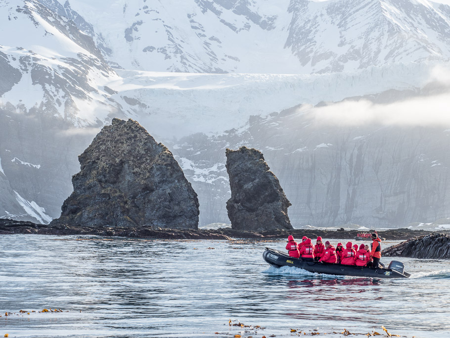 Zodiac and Landscape at Gold Harbour - South Georgia