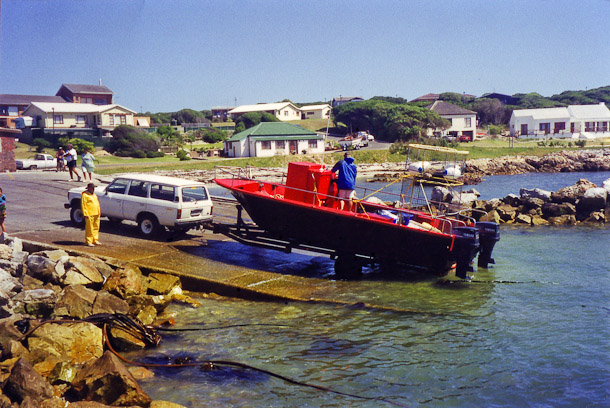 Launching the boat at Gansbaai harbour